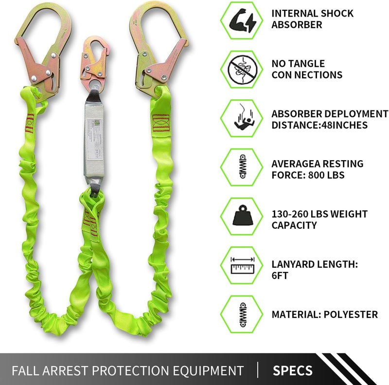 Ymachray 6FT Double Leg Internal Shock Absorbing Safety Fall Protection Lanyard with Dual Rebar & Snap Hook |Heavy-Duty Webbing | Roofer, Construction, Scaffolding | OSHA & ANSI Rated (A-Shock Absorbing) - Image 4